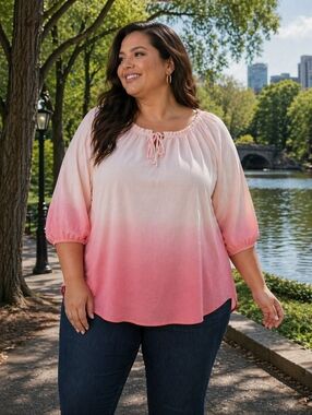 Penningtons Pink Ombre 3/4 Sleeve Blouse | Soft Flowy Lightweight Top Size 3x
